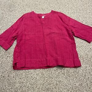 Hot Cotton Raspberry Red Linen Button Accent Blouse